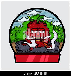 Raspberry Fruit Cartoon Character Do Smoking In Jungle. Blank Sign and Circle Logo. Vectors and Illustrations. Stock Vector