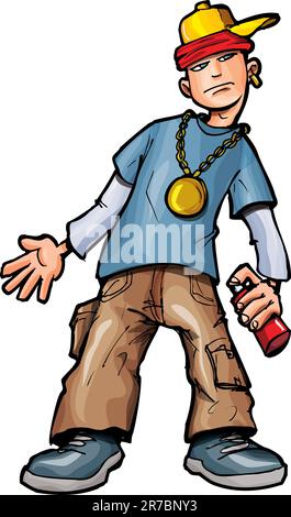 Cartoon kid with spray can and a baseball cap. Isolated on white Stock Vector