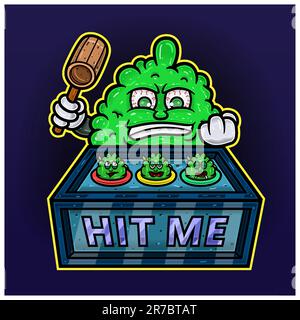 Cartoon Mascot Of Weed Bud Holding Hammer and Punch Machine Game. Perfect For Label, Cover, Packaging, and Product Design. Vectors and Illustrations. Stock Vector