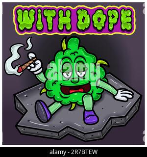 Cartoon Mascot of Weed Bud On Stone, Smoking and With Dope. Perfect For Label, Cover, Packaging, and Product Design. Vectors and Illustrations. Stock Vector