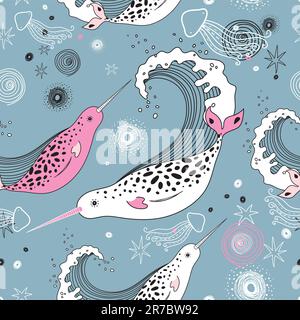 seamless pattern of marine whales and jellyfish on a gray background Stock Vector