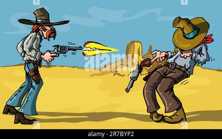 Cartoon cowboy shootout with tragic result in the desert Stock Vector