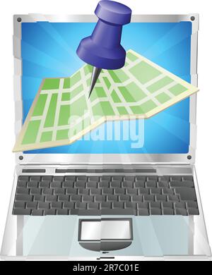 A road or city map flying out of a laptop computer. Concept or icon for map app or internet website with maps or other GPS related. Stock Vector