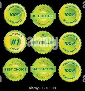 Vector illustration of nine green shiny Quality stamps / labels / seals / signs for retail and other use: 100% Satisfaction Guarantee, #1 Choice Cu... Stock Vector