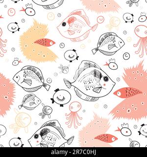 seamless pattern of graphic fish and jellyfish on a white background Stock Vector