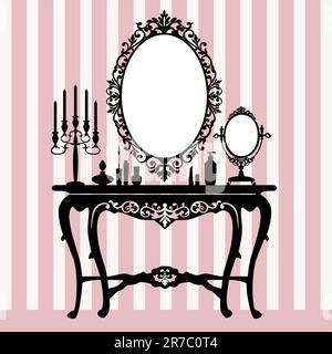 Interior scene with antique furniture, old mirror, candelabra and console. Stock Vector