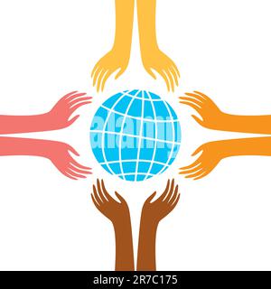 sign of peace - the hands of representatives of different peoples of the world reach for the image of the Earth Stock Vector