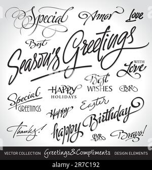 Set of seasonal & holiday greetings & compliments, calligraphy/ hand ...