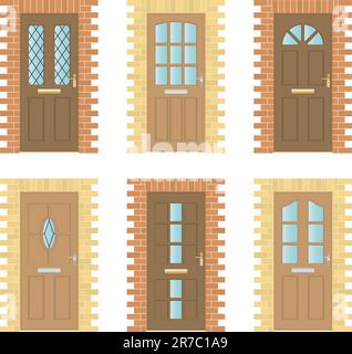 Set of six exterior wooden Doors with brick frames Stock Vector