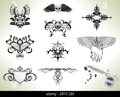 Series set of tattoo flash design elements with tattooists gun or machine Stock Vector