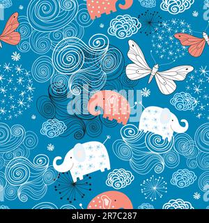 seamless pattern of white elephants and butterflies among the clouds on a blue background Stock Vector