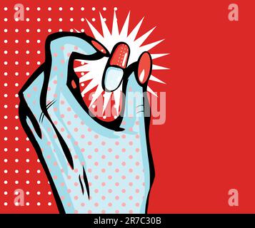 Hand icon with capsule pill symbol in comic style Stock Vector