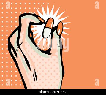 Hand icon with capsule pill symbol in comic style Stock Vector