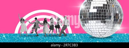 Groupf of young people, friends in retro clothes dancing near big disco ball. Having fun on weekends. Contemporary art collage. Stock Photo