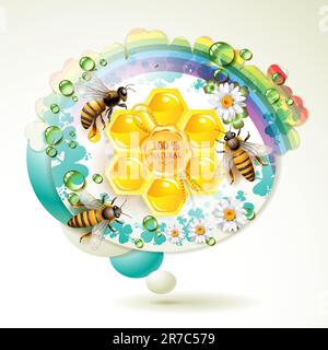 Bees and honeycombs over floral background with rainbow and drops of water Stock Vector