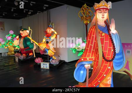 Chinese cultural exhibition in Yokohama Chinatown, with paper lantern statues of Sun Wukong (Goku) and other characters from the Journey to the West. Stock Photo