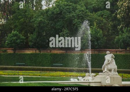 VIENNA, AUSTRIA - 11, 05, 2019: Cloudy summer day. Belvedere gardens, an imperial baroque park with ponds, fountains, nymphs, the lower belvedere pala Stock Photo