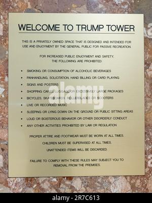 New York, US, 14/06/2023, Rules in interior of Trump Tower, New York, USA the day after the former president pleads not guilty in the 'Documents Case'. Picture garyroberts/worldwidefeatures.com Stock Photo