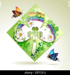 Clover over decorative shapes of paper and colored abstract background with butterflies, rainbow and drops of water Stock Vector