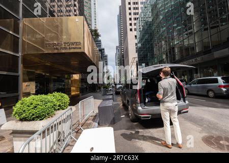New York, US, 14/06/2023, Eric Trump leaves, 3.30pm Wednesday 14th June the day of his fathers birthday, Trump Tower, New York, USA. The day after the former president pleads not guilty in the 'Documents Case'. Picture garyroberts/worldwidefeatures.com Stock Photo