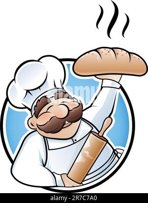 Happy baker cartoon character presenting a freshly baked loaf of bread Stock Vector