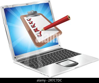 An illustration of a clipboard with pencil marking on it  coming out of laptop screen. Perhaps an online survey, opinion poll, or inspection document Stock Vector