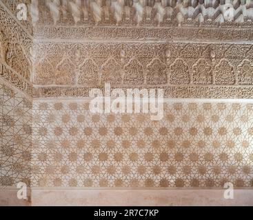 Ornate Stucco Wall inside Comares Palace at Nasrid Palaces of Alhambra - Granada, Andalusia, Spain Stock Photo