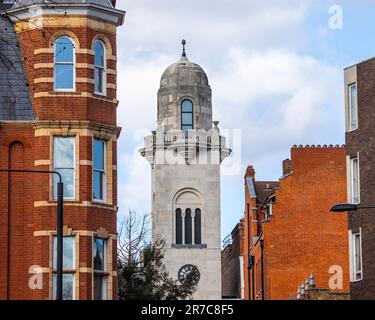 The tower of Cadogan Hall, viewed from Sloane Square in the Chelsea area of London, UK. Stock Photo