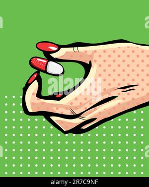 Hand icon with capsule pill symbol in comic style Stock Vector