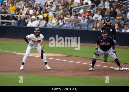 Cleveland Guardians' Josh Naylor looks on during the second inning of a  baseball game against the Miami Marlins, Sunday, April 23, 2023, in  Cleveland. (AP Photo/Nick Cammett Stock Photo - Alamy