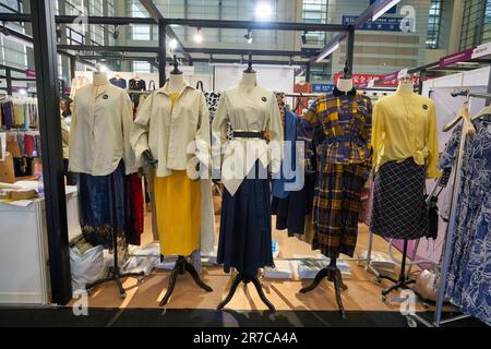 SHENZHEN, CHINA - 27 NOVEMBER, 2019: dressed mannequins displayed at Fashion Source space in Shenzhen Convention & Exhibition Center. Stock Photo