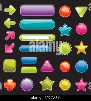 Vector set of various glossy web elements: buttons, stickers and icons with 3d effect. Vector illustration on the black background, easy to edit Stock Vector