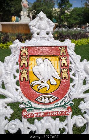 City plaque on park bench in the Parque Principal Francisco Cantón Rosado Valladolid Mexico Stock Photo