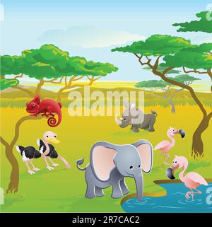 Cute African safari animal cartoon characters scene. Series of three illustrations that can be used separately or side by side to form panoramic la... Stock Vector