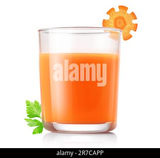 Glass of carrot juice and piece of raw carrot isolated on white Stock Photo