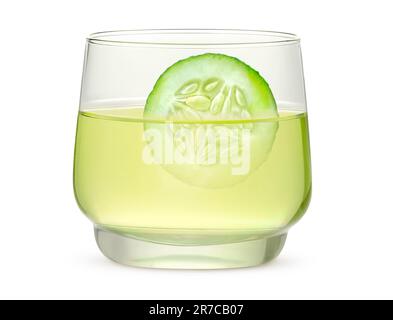Glass of cucumber water and slice of fresh cucumber, isolated on white Stock Photo