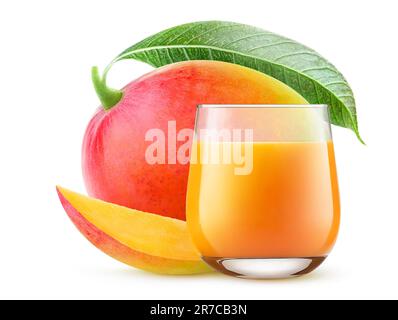 Mango juice in a glass and fresh red mango fruit with leaf, isolated on white Stock Photo
