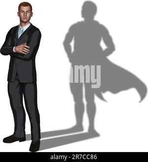 Illustration of confident handsome young businessman standing with arms folded with superhero shadow concept Stock Vector