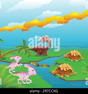 Cute dinosaurs in prehistoric scene. Series of three illustrations that can be used separately or side by side to form panoramic landscape. Stock Vector
