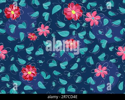 pink flower and green leaf at seamless pattern background on dark blue backdrop Stock Vector