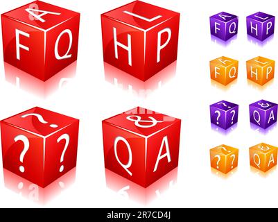 FAQ and Help Text on Cubes. Icon Set Isolated on White Background. Vector Illustration. Stock Vector