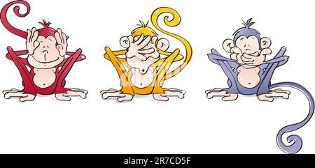 illustration of three wise indian monkeys: don't see, don't hear it, don't see it. Stock Vector