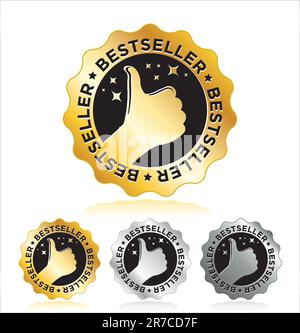 Vector illustration set of four award stylish BESTSELLER labels / seals / signs in gold and silver for your business. Tag labels are isolated on white Stock Vector