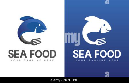 Sea Food Logo Design Blue Fish Eating Fork and Spoon Logotype 3D Gradient Stock Vector