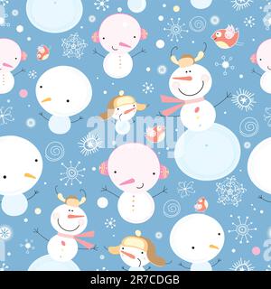 seamless pattern of cheerful snowmen and snowflakes with birdies on purple background Stock Vector
