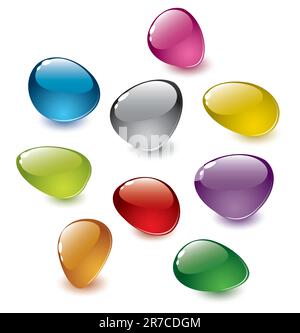 Vector illustration of 9 colorful glossy glass stones with shadows on white background; editable. Stock Vector