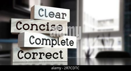 Omplete Clear, concise, complete, correct - wooden signpost with four arrows ...