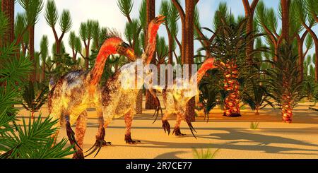 Therizinosaurus theropod dinosaurs hunt for prey among Sigillaria Trees. Stock Photo