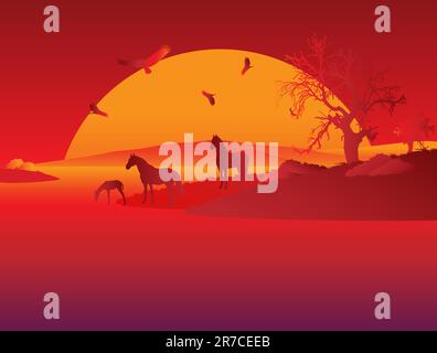 This is three horses about river evening Stock Vector