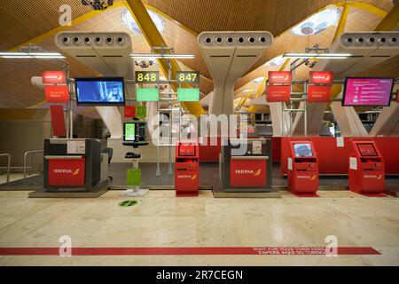 MADRID, SPAIN - CIRCA JANUARY, 2020: self check-in area at Madrid-Barajas Airport, the main airport of Madrid. Stock Photo